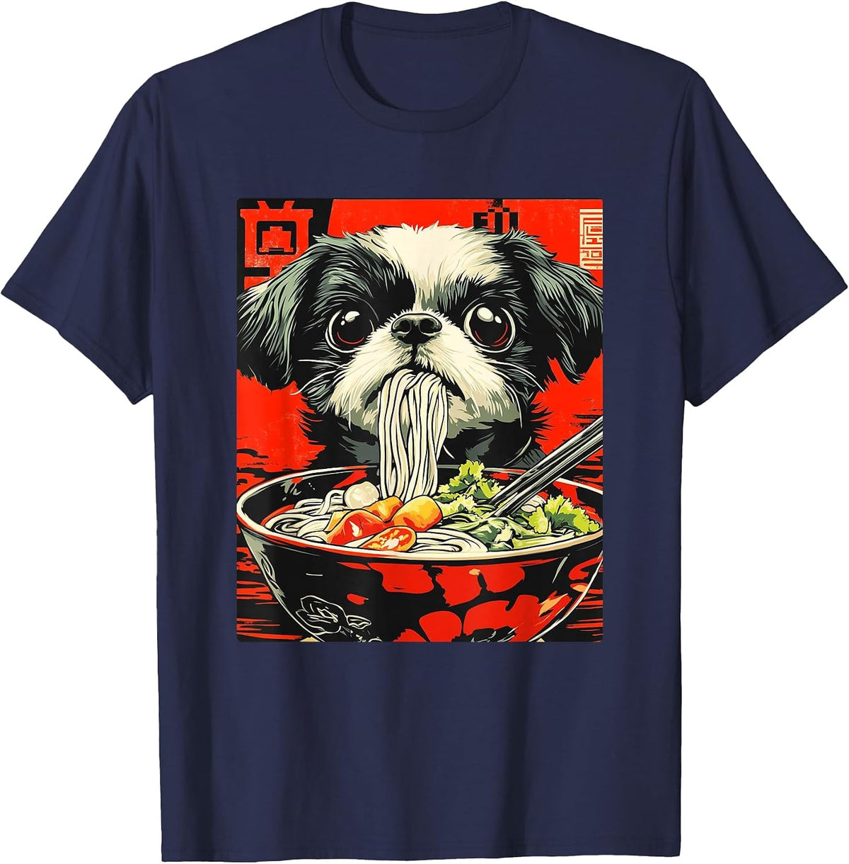 Shih Tzu Eating Japanese Ramen T-Shirt - Navy Blue