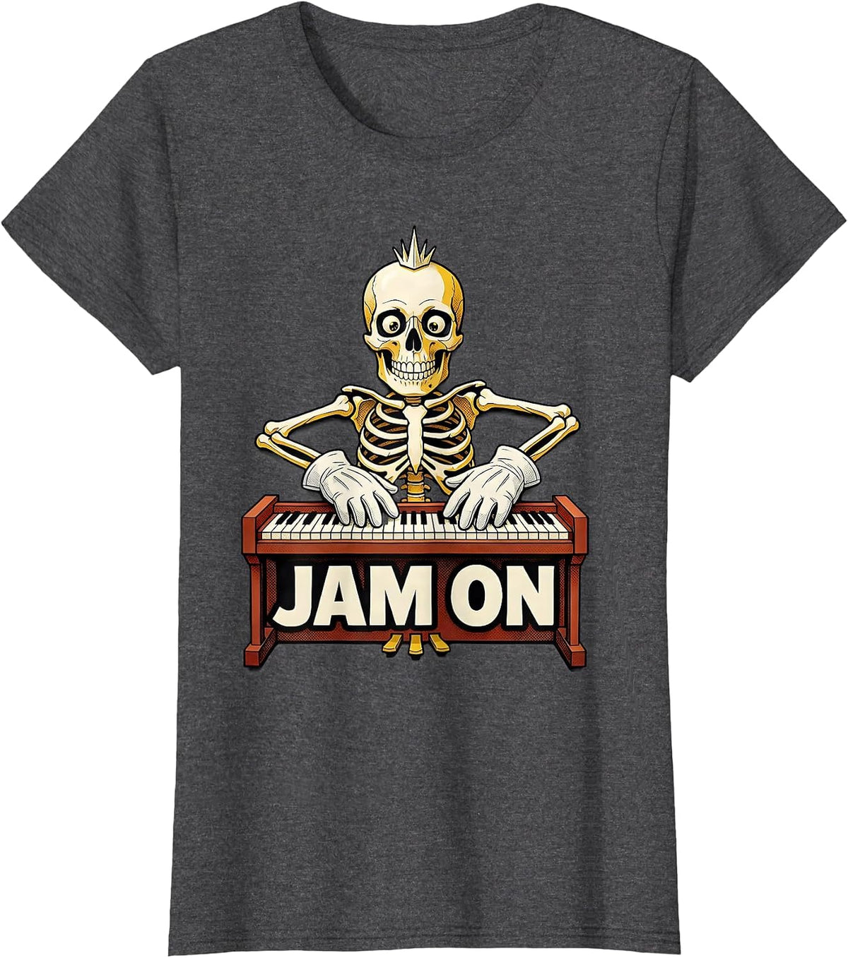 Women's Jam On Retro Cartoon Punk Rock Skeleton Skull Halloween T-Shirt - Dark Heather Grey