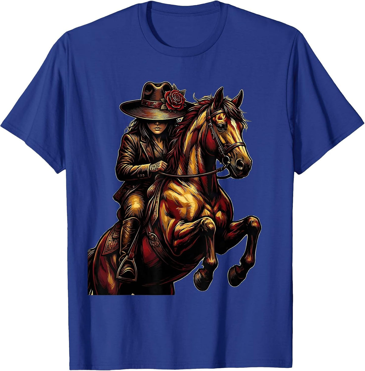 Cowgirl Horseback Rider Wide Brim Hat Western Art T-Shirt - Royal Blue