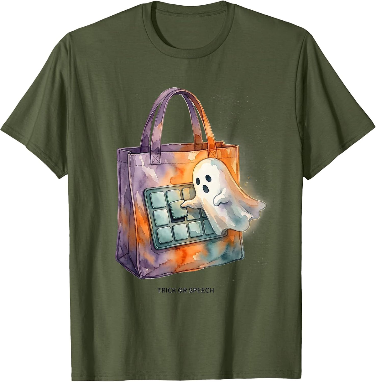 Men's Trick or Speech Watercolor Halloween Speech Therapy SLP T-Shirt - Olive Green