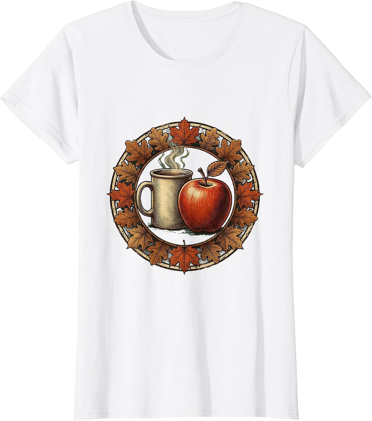 Women's Teacher Fall Steaming Mug and Apple Illustration T-Shirt - White