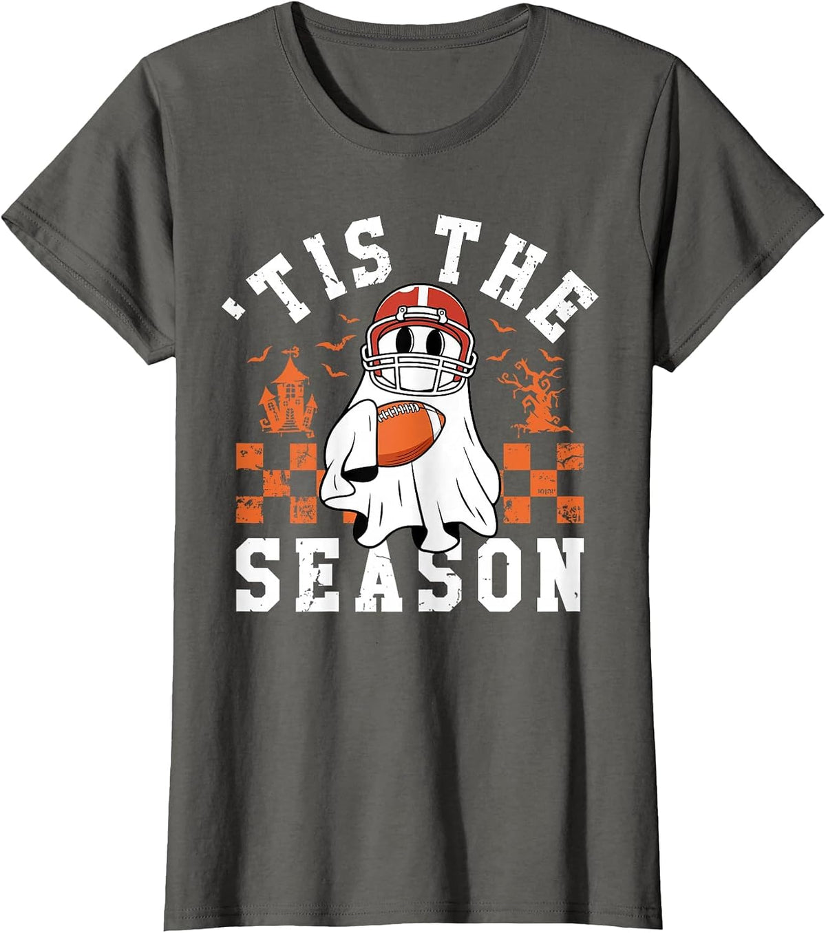 Tis The Season American Football Halloween Spooky Ghost T-Shirt - Asphalt Grey