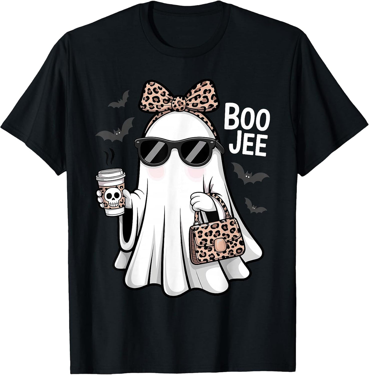 Halloween Boujee Ghost Coquette Leopard Ghost Coffee Boo-JEE T-Shirt - Black