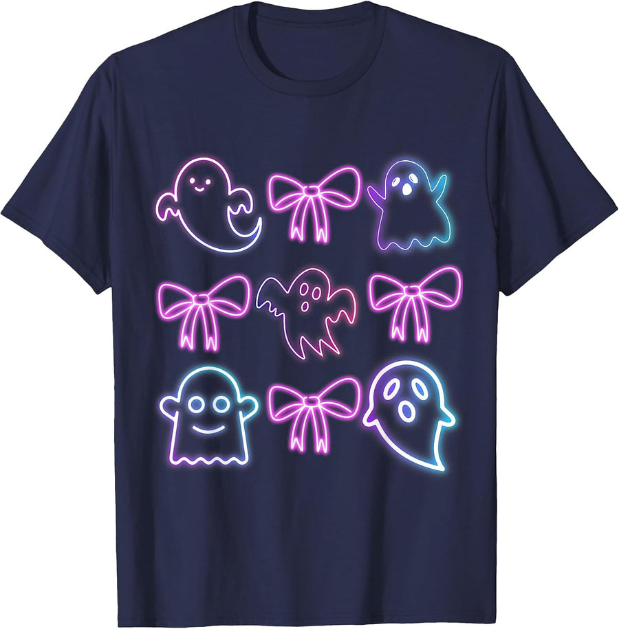 Cute Boo Ghost Spooky Season Glow in Halloween Night Bow T-Shirt - Navy Blue
