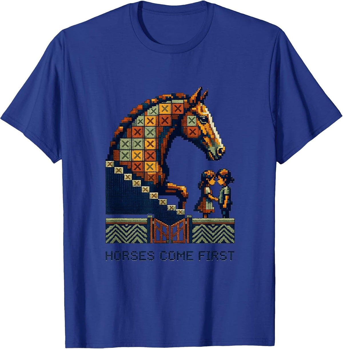 Horses Come First Funny Horse Lover Girl Humor Cross Stitch T-Shirt - Royal Blue