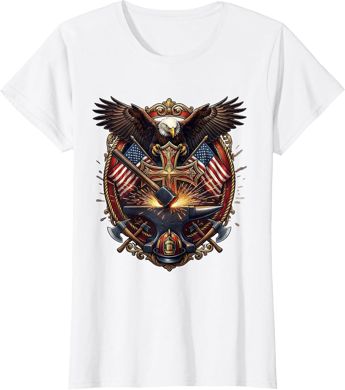 Women's Forge Hammer and Anvil Sparks Blacksmith Graphic T-Shirt - White