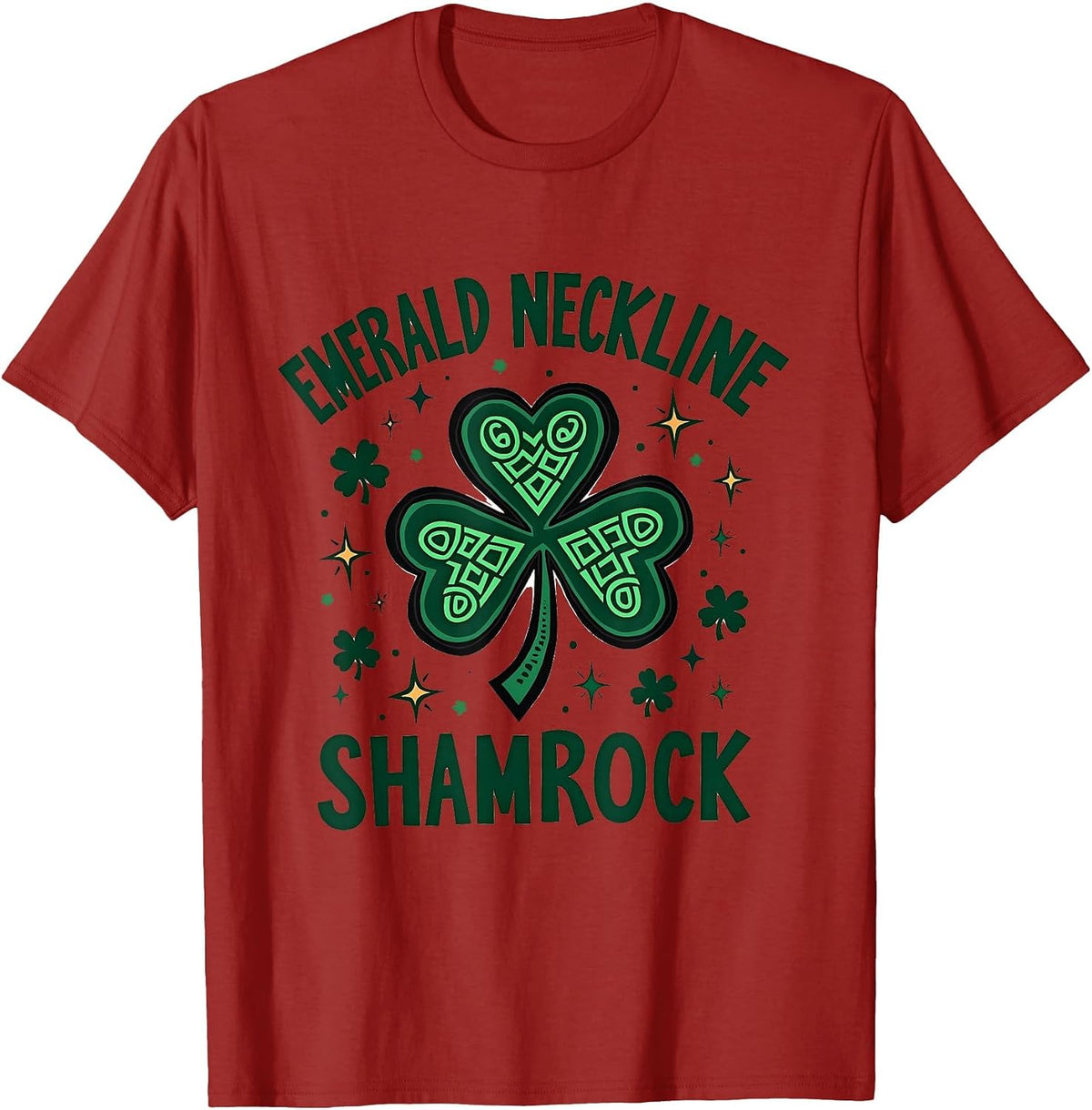 Emerald Neckline Shamrock St Patricks Day Design T-Shirt - Cranberry Red