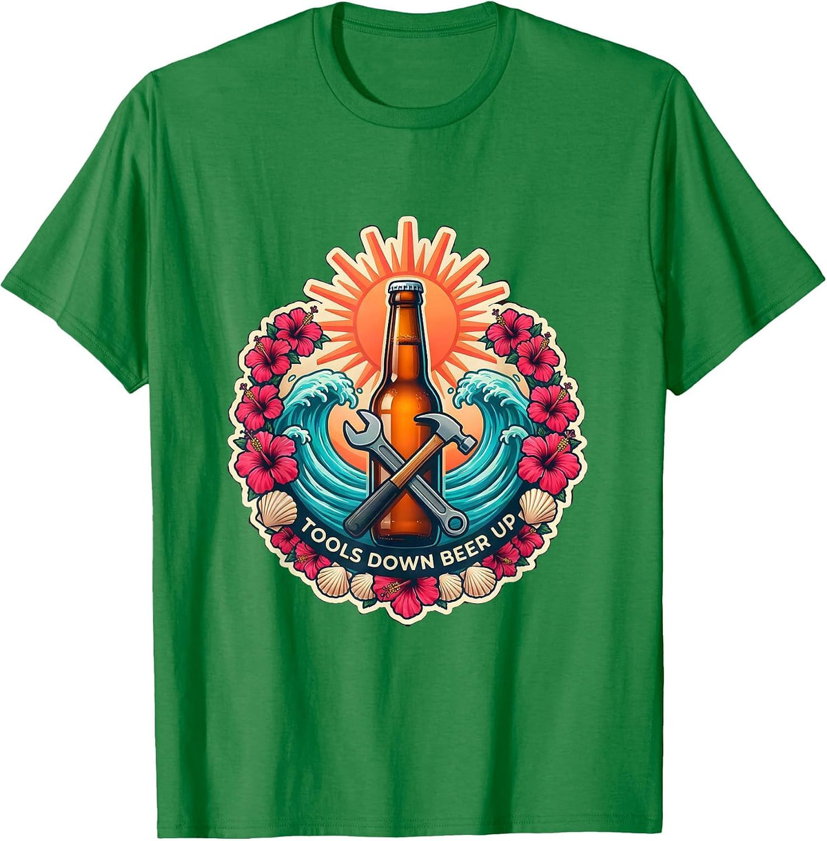 Men's Tools Down Beer Up Blue Collar Worker Design T-Shirt - Kelly Green