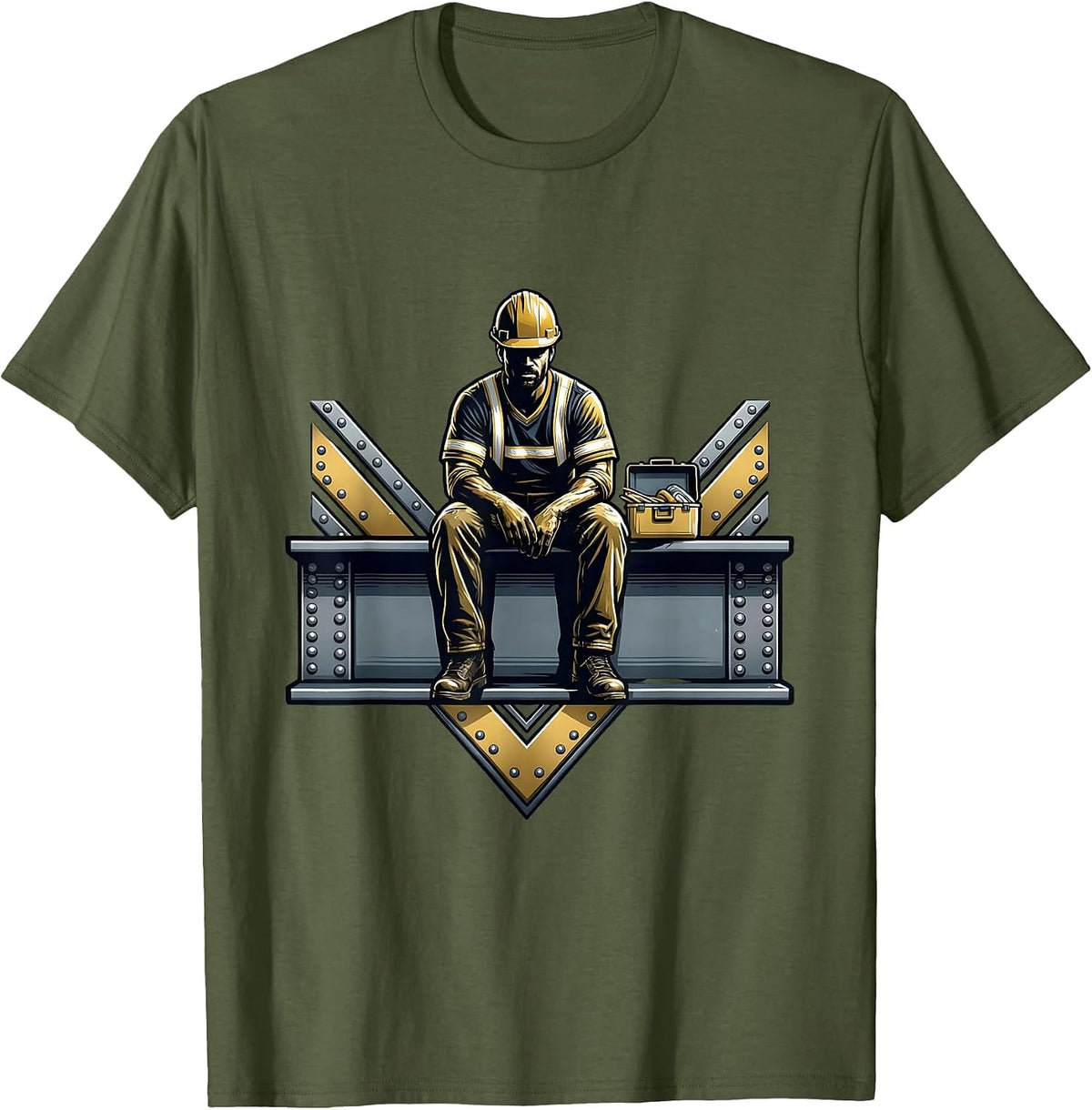 Construction Worker Lunch on Steel Beam Graphic T-Shirt - Olive Green