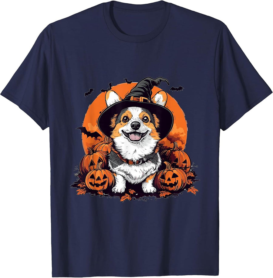 Cardigan Welsh Corgi Dog Whitch Hat Halloween Pumpkin Spooky T-Shirt - Navy Blue