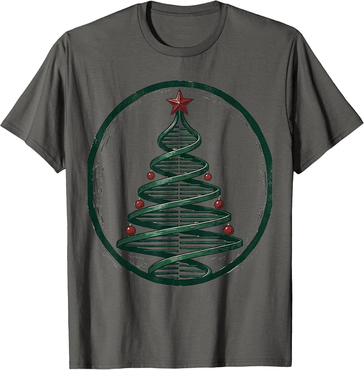 Men's DNA Helix Christmas Tree Linocut Science Teacher Humor T-Shirt - Asphalt Grey