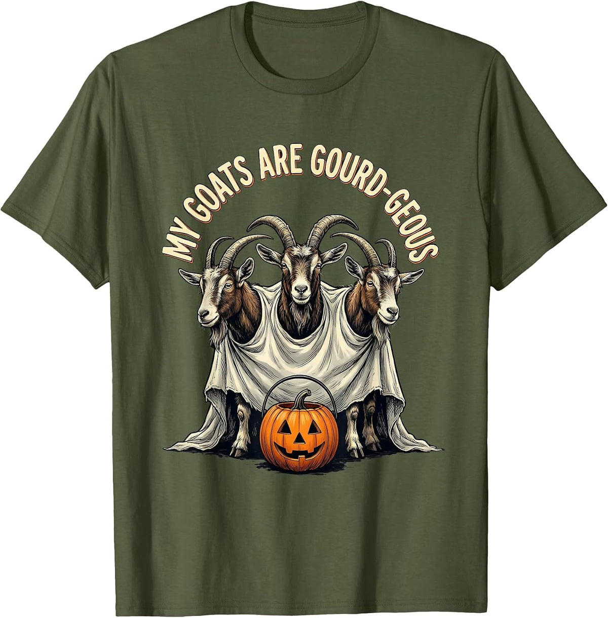 My Goats Are Gourd-geous Whimsical Halloween Goat Lover T-Shirt - Olive Green