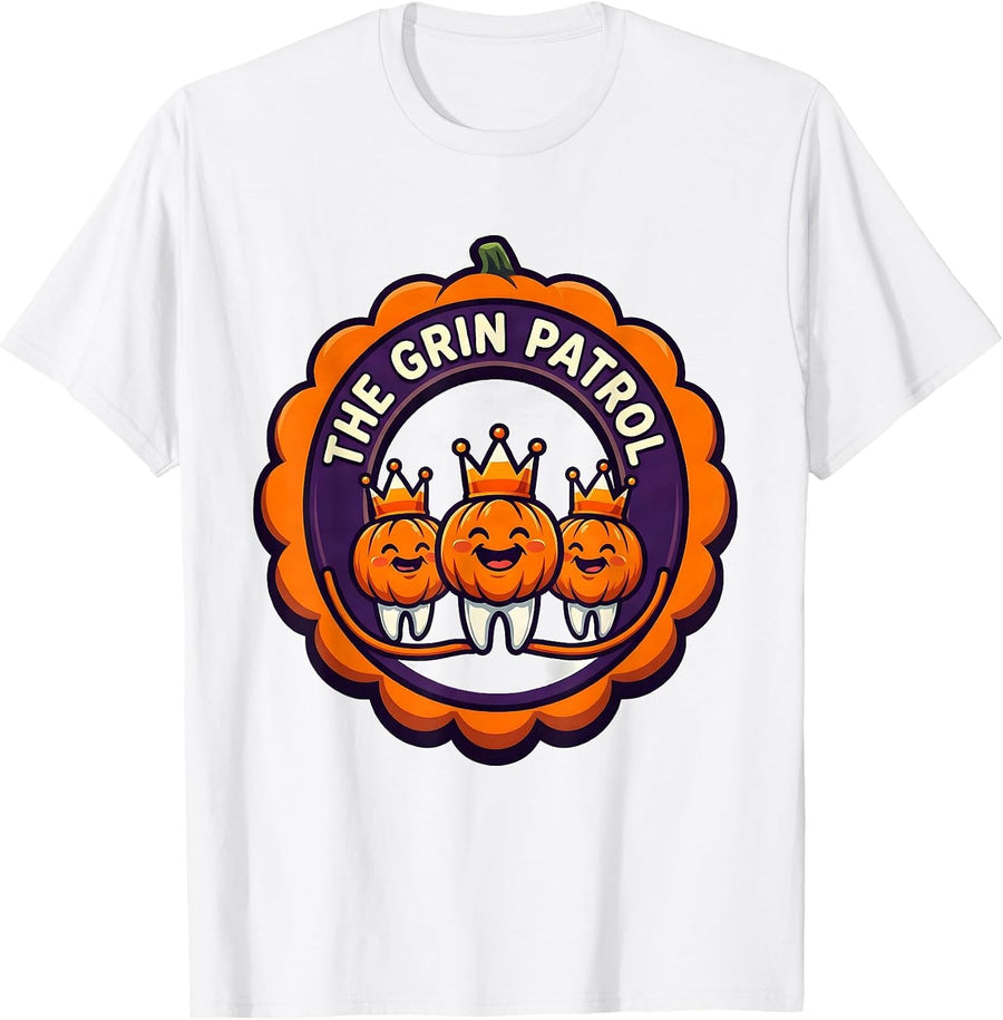 Men's The Grin Patrol Cartoon Halloween Dental Hygienist Dental T-Shirt - White