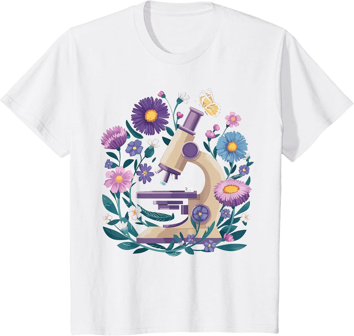 Microscope Flower Butterfly Biology Science Teacher Student T-Shirt - White
