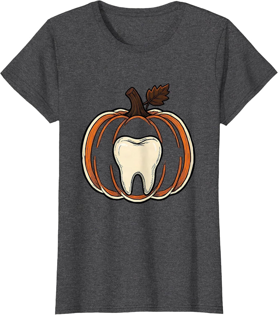 Women's Dental Floss Pumpkin Loop Halloween Dental Hygienist Humor T-Shirt - Dark Heather Grey