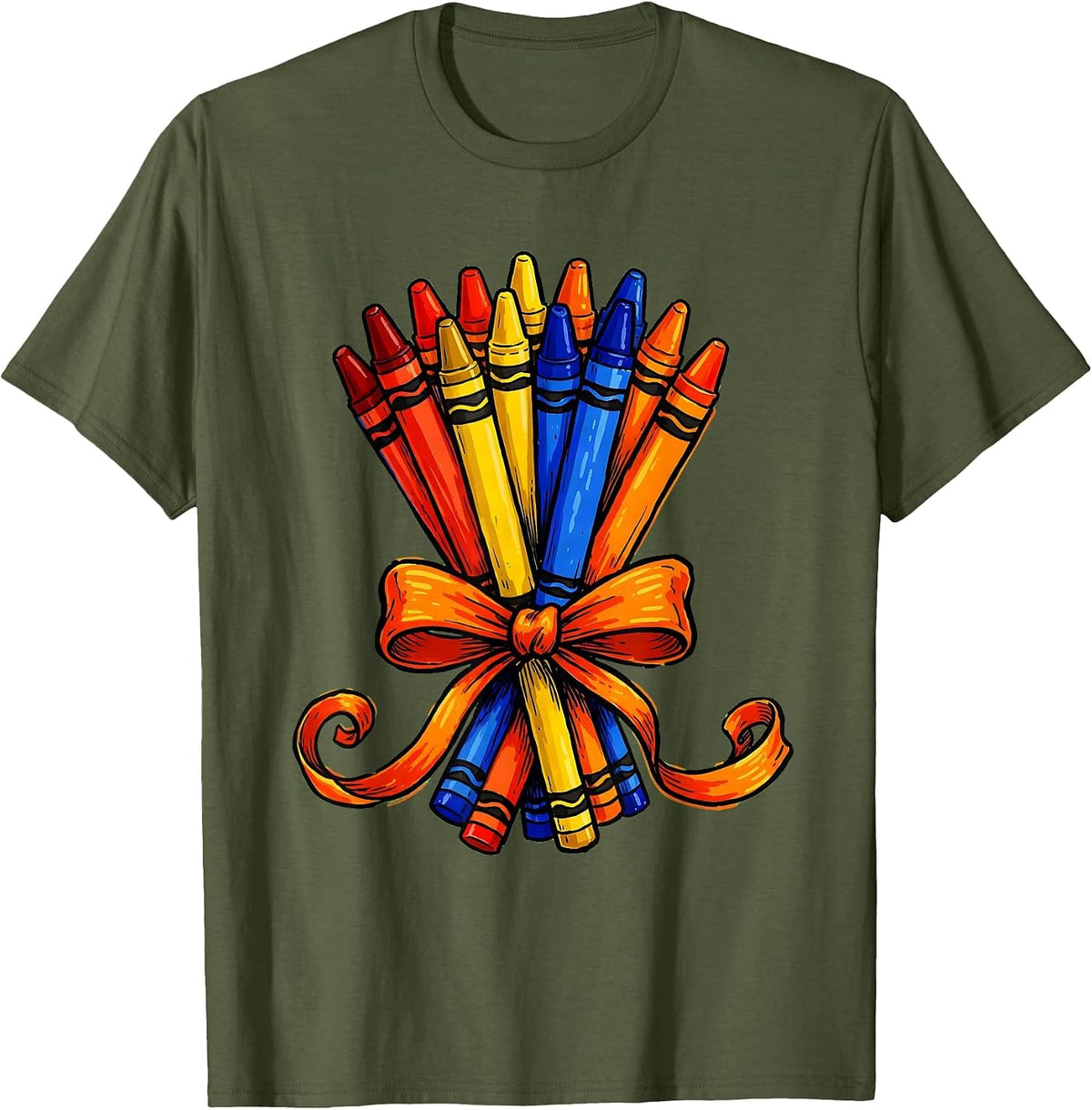 Kindergarten Teacher Crayon Bouquet Graphic T-Shirt - Olive Green