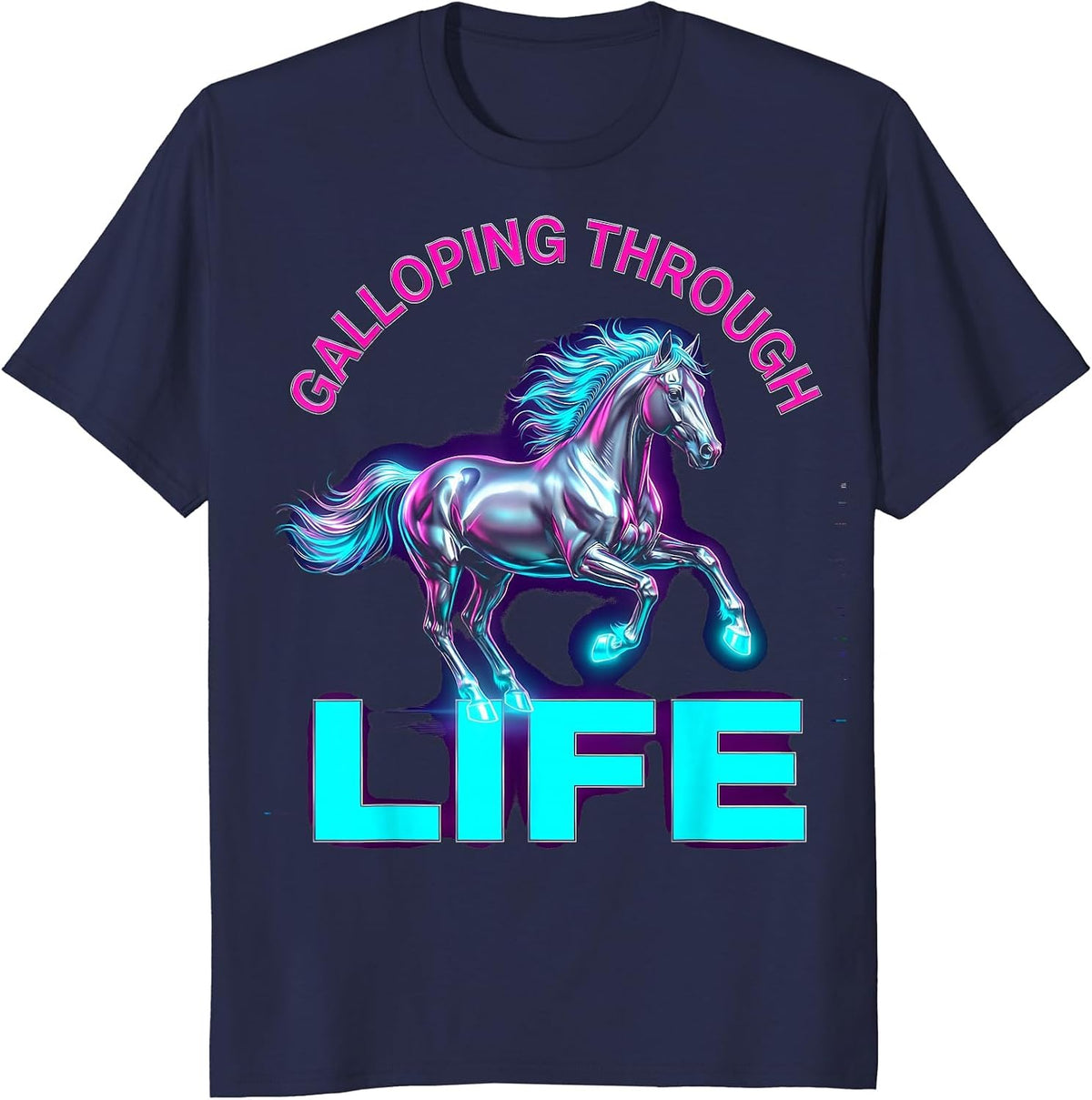 Galloping Through Life Horse Lover Design T-Shirt - Navy Blue
