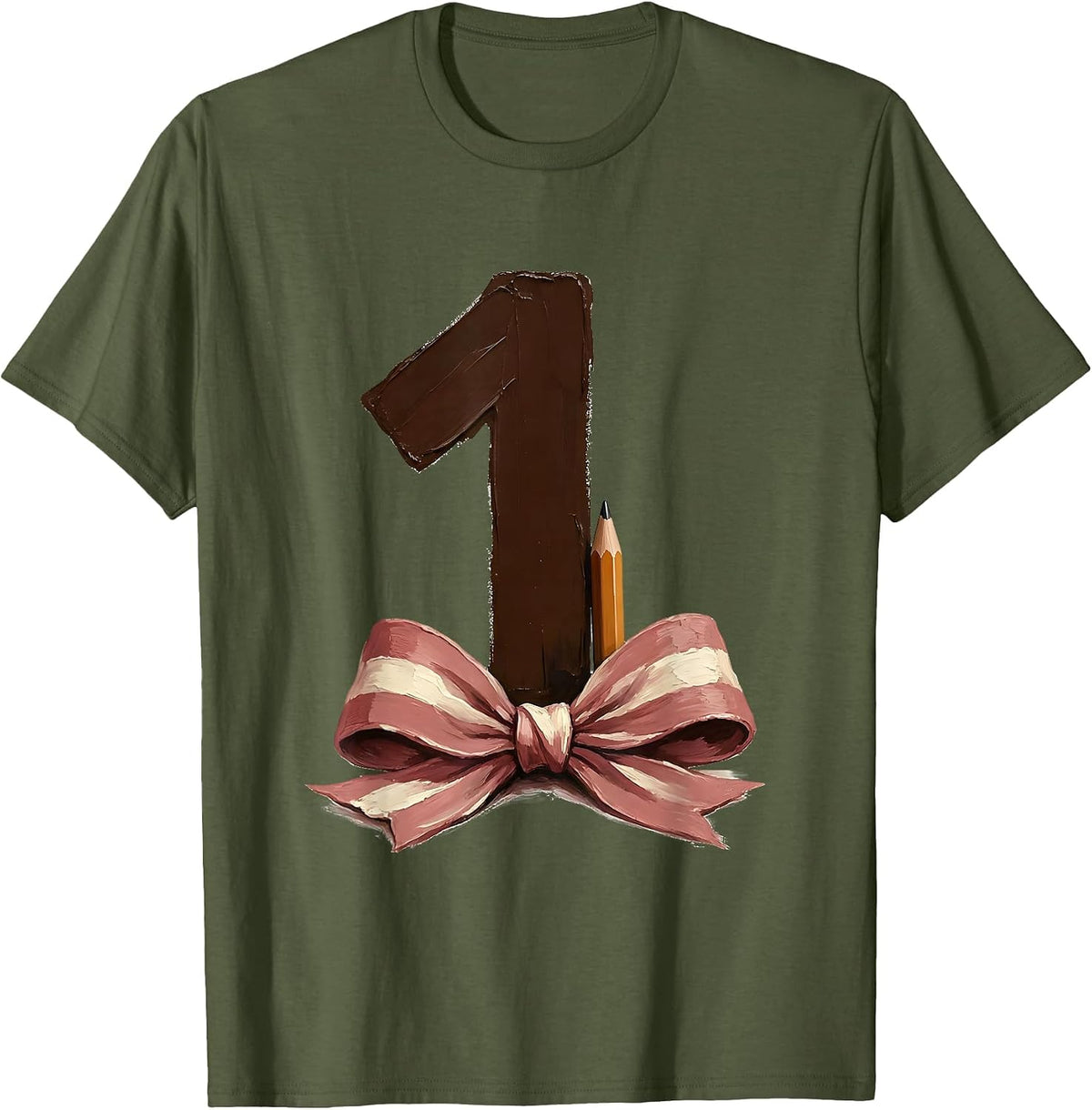 Men's First Grade Coquette Bow Back to School Pencil T-Shirt - Olive Green