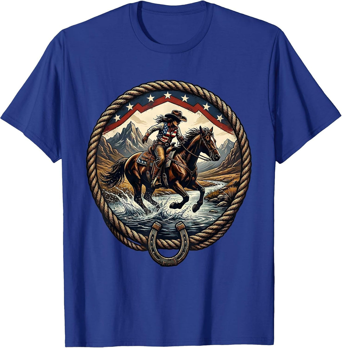 Men's Cowgirl Riding Horse Through Mountain River T-Shirt - Royal Blue