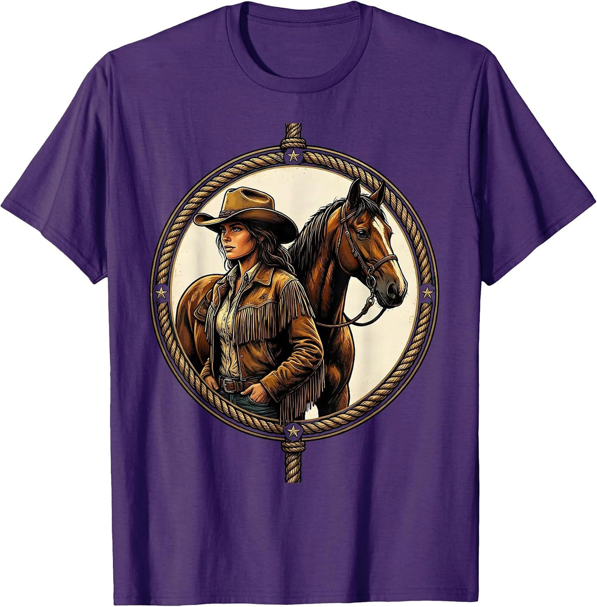 Cowboy Woman and Horse Back-To-Back Graphic T-Shirt - Purple