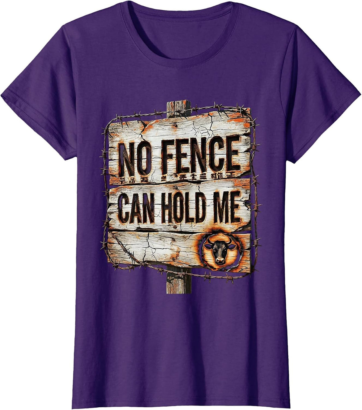 Women's No Fence Can Hold Me Cowboy Design T-Shirt - Purple