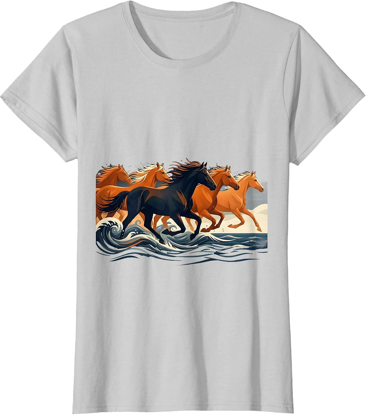 Wild Horses Galloping Through Ocean Surf T-Shirt - Silver Grey