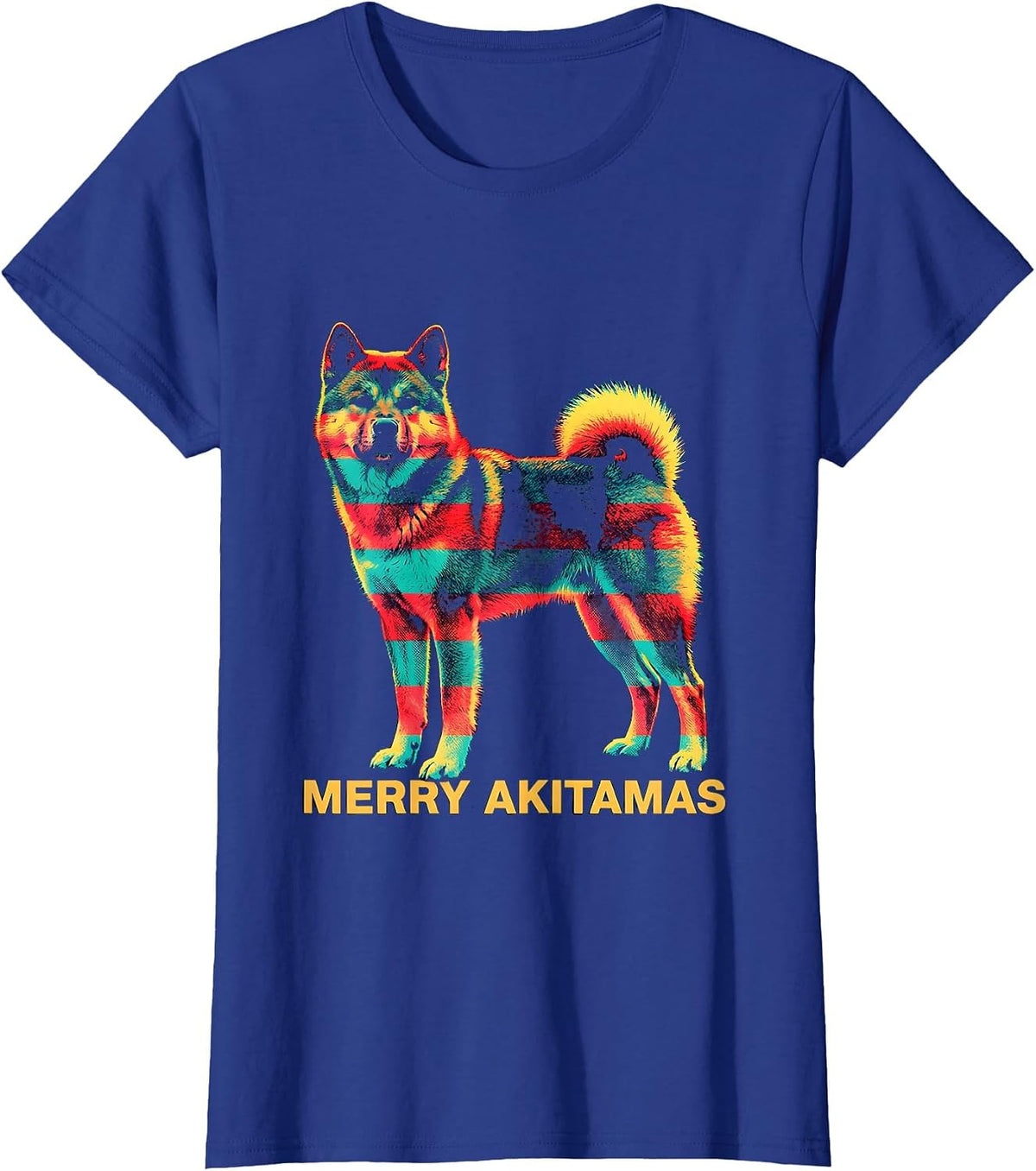 Women's Merry Akitamas Risograph Christmas Dog Breed Lover Novelty T-Shirt - Royal Blue