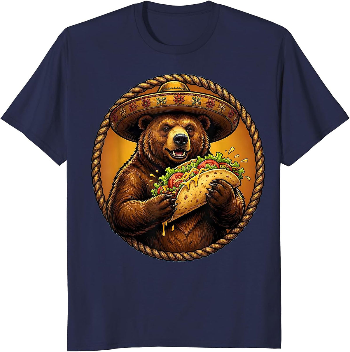 Men's Fiesta Bear Sombrero Taco Lover Graphic Tee T-Shirt - Navy Blue