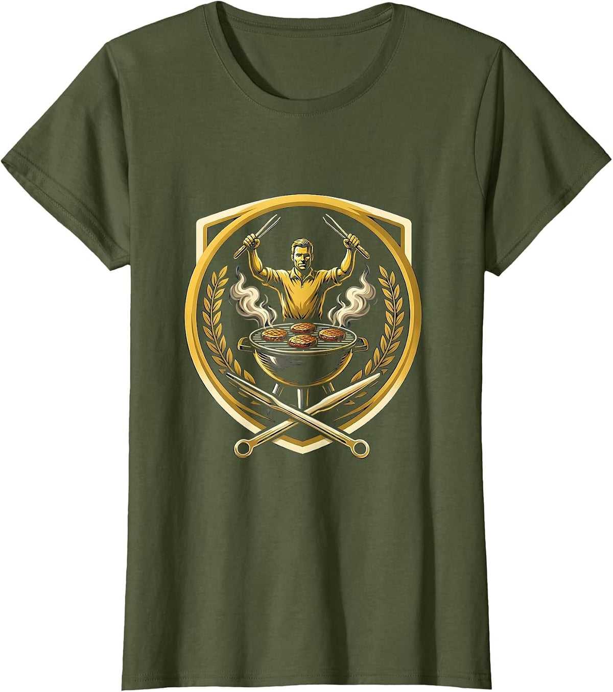 Women's Dad Grilling Burgers Backyard BBQ Graphic T-Shirt - Olive Green