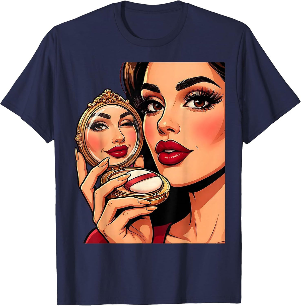 Gigi Bold Red Lips Compact Mirror Graphic T-Shirt - Navy Blue