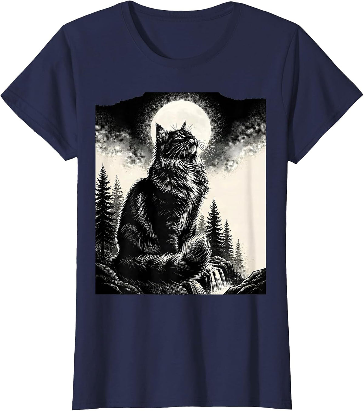 Women's Norwegian Forest Cat Howling at Moon Retro Fantasy T-Shirt - Navy Blue