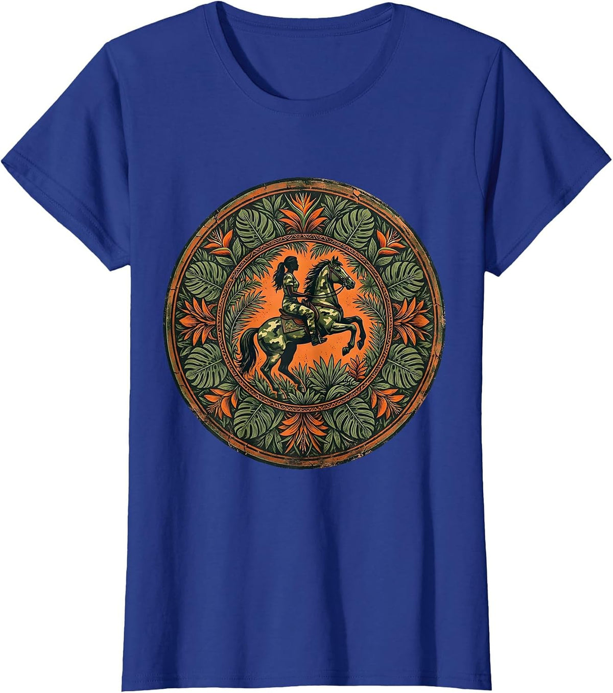 Women's Camo Woman Riding Horse Through Jungle T-Shirt - Royal Blue