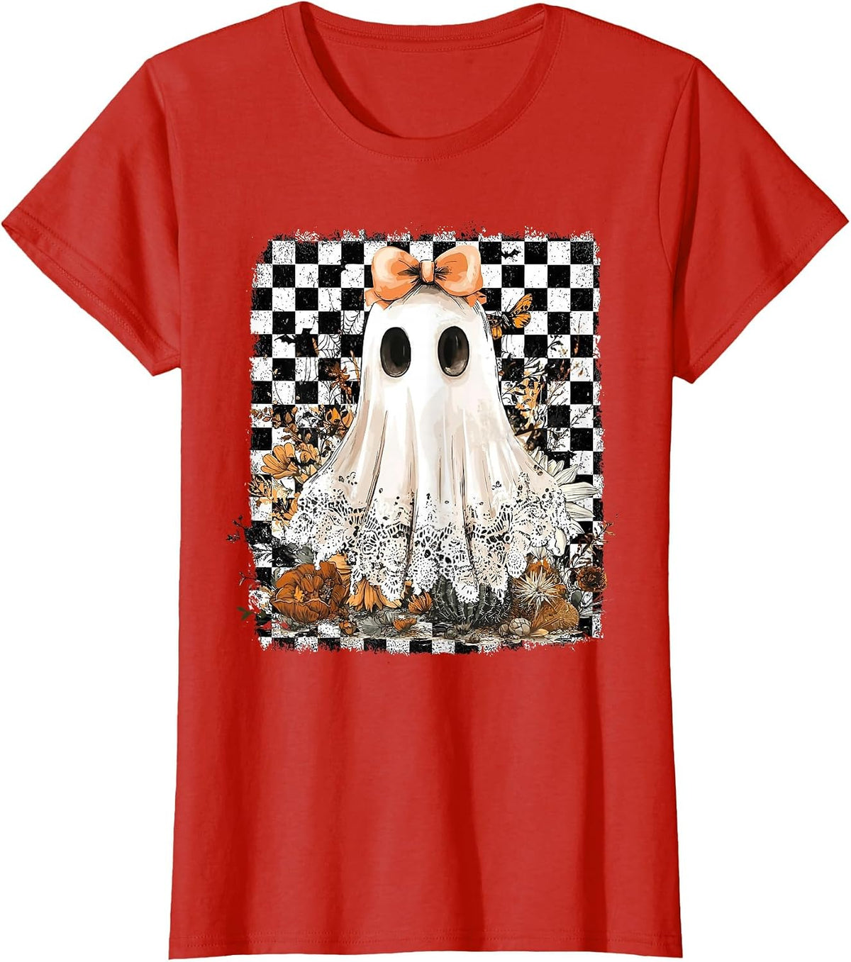Coquette Bow Ghost Spooky Season Halloween Checkered Retro T-Shirt - Red