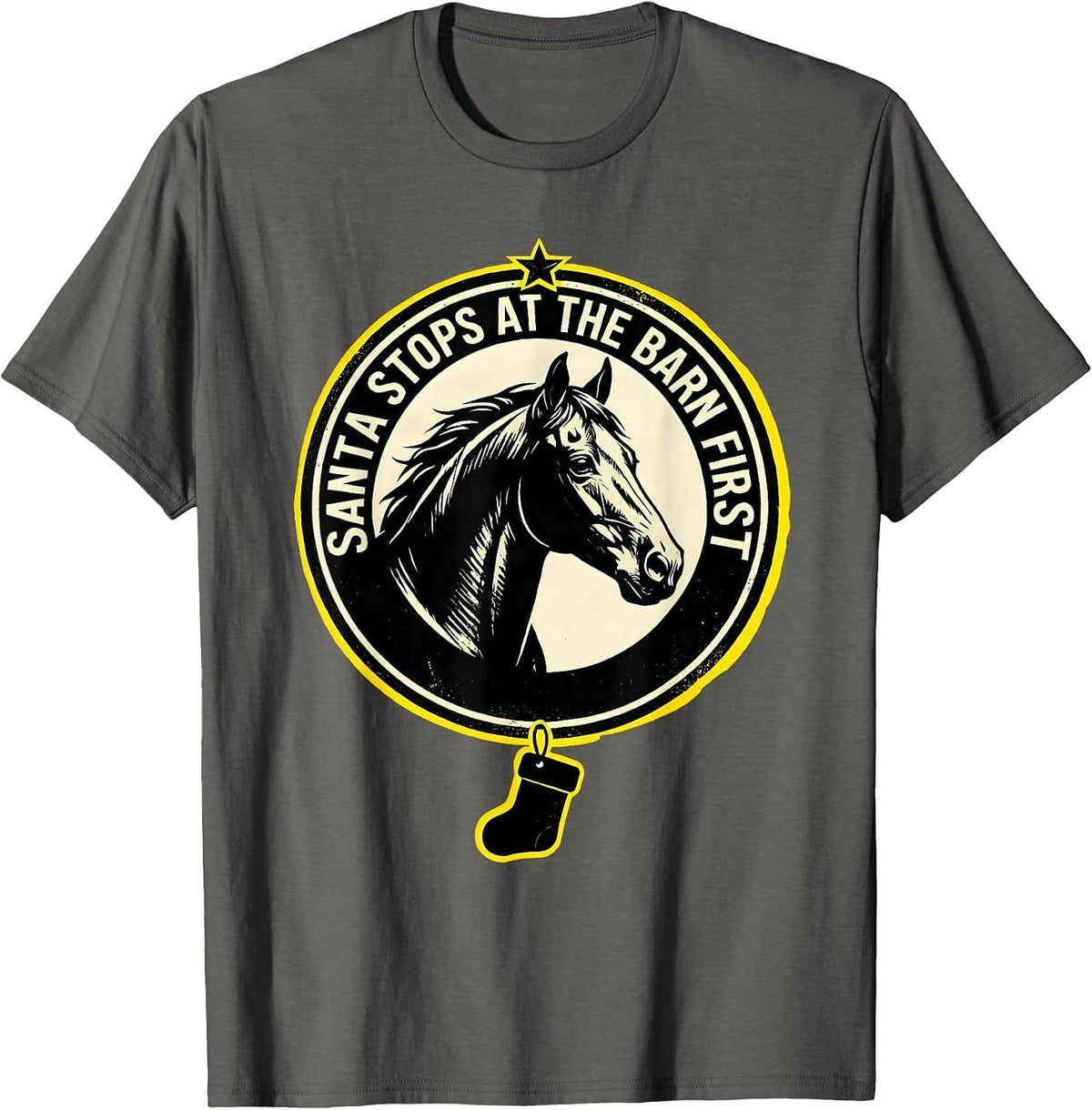 Santa Stops At The Barn First Funny Horse Lover Christmas T-Shirt - Asphalt Grey