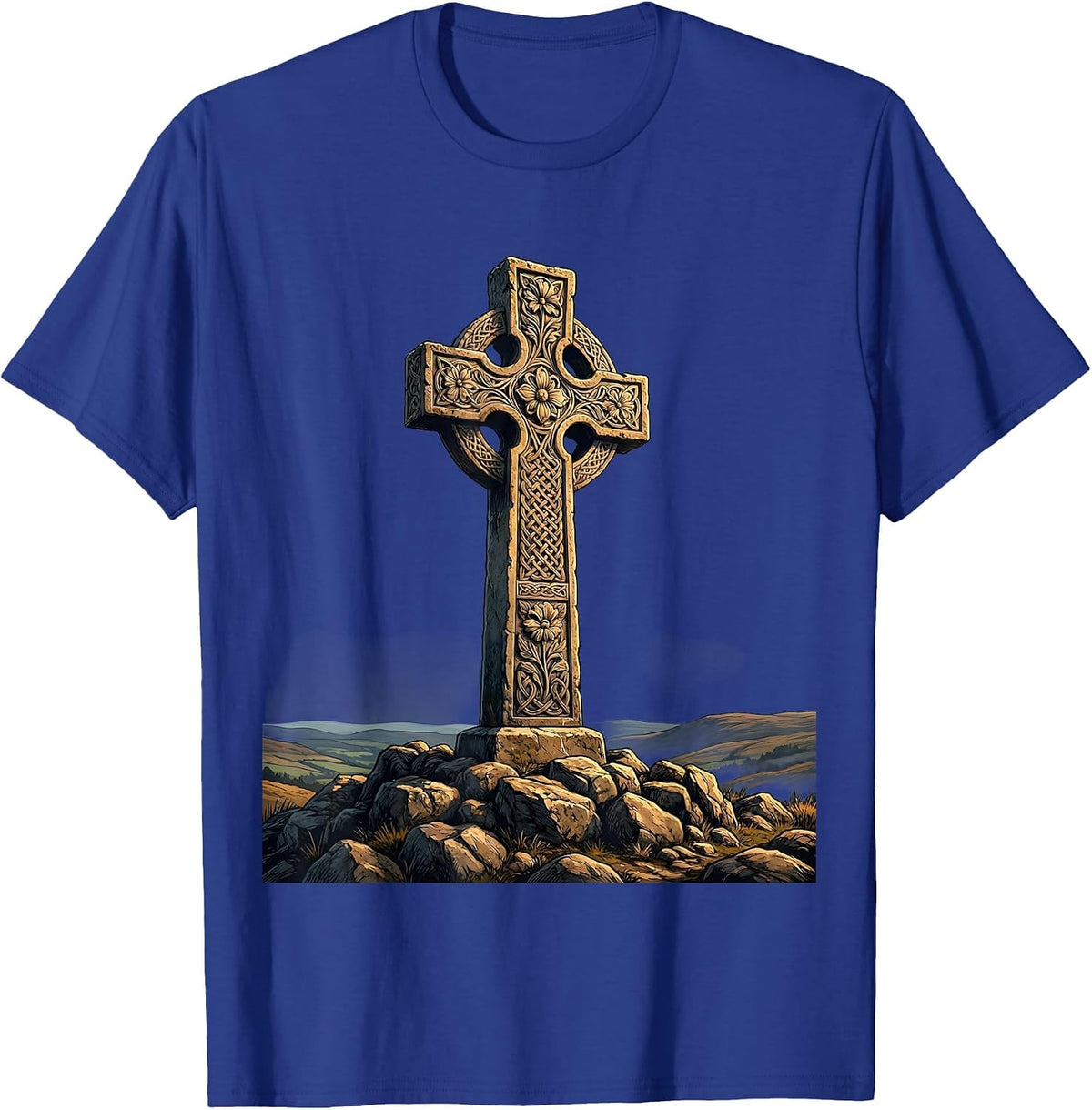 Ornate Stone Cross on Rocky Hilltop Illustration T-Shirt - Royal Blue