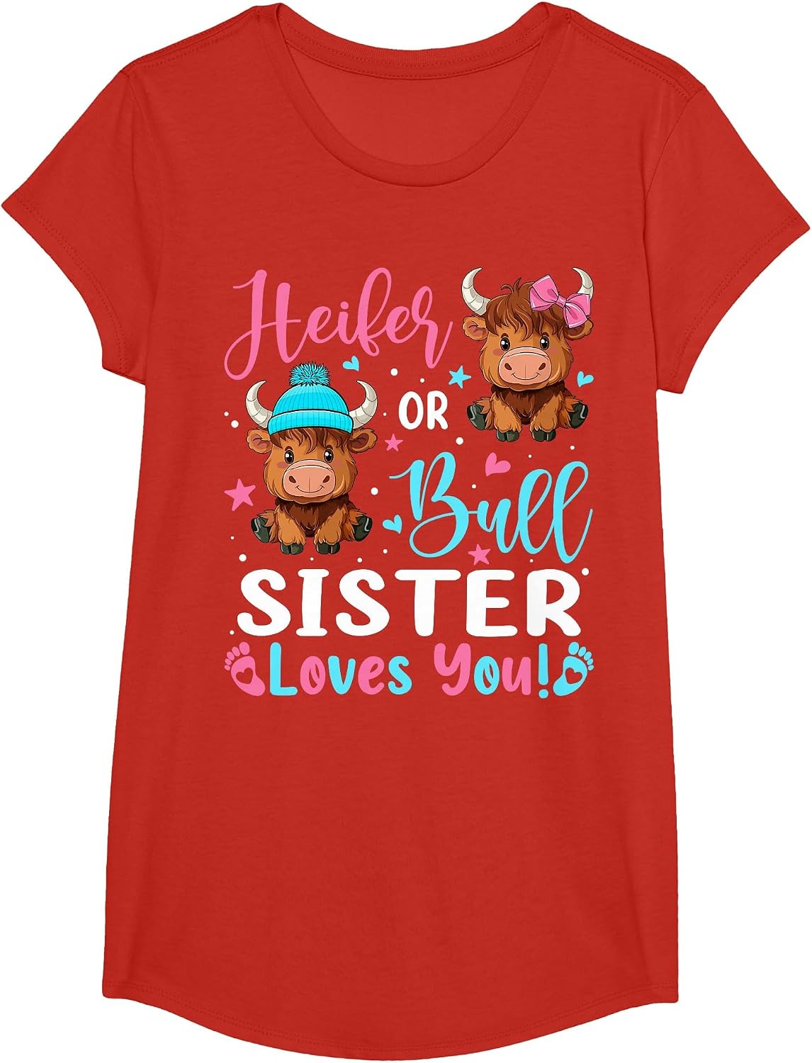 Bull or Heifer Sister Loves You Highland Cow Lover T-Shirt - Girls Red