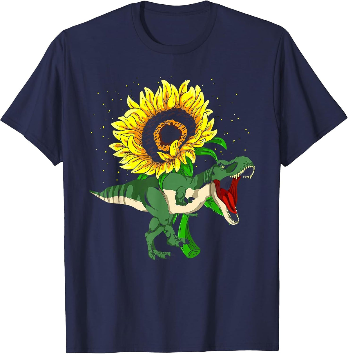 Floral Sunshine Flower T-Rex Sunflower Roaring Dinosaur T-Shirt - Navy Blue