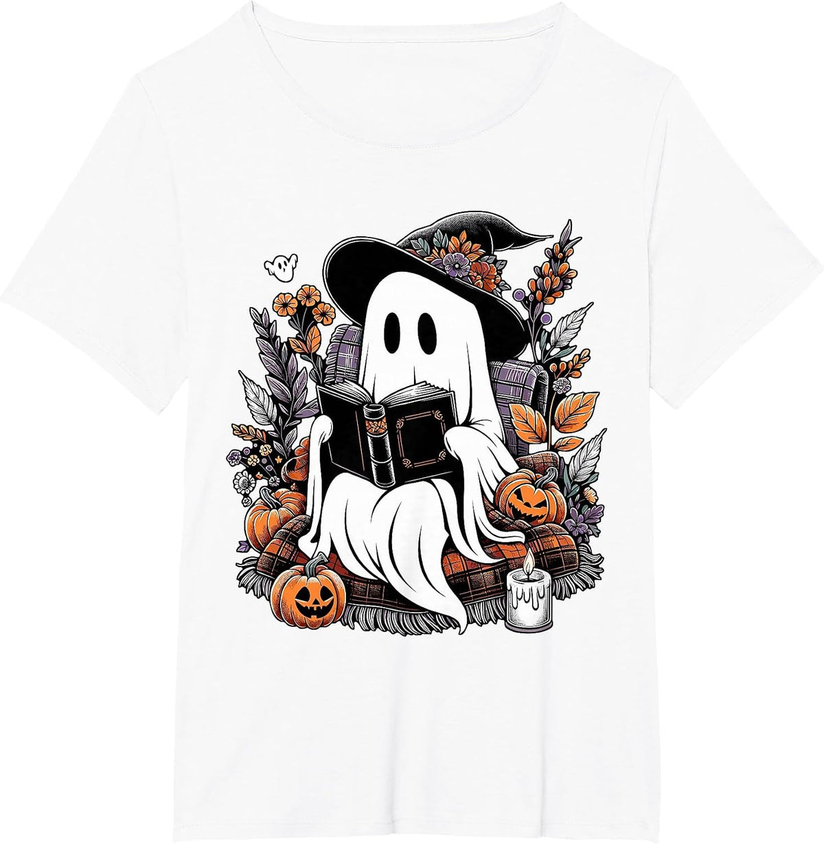 Ghost Reading Books Pumpkin Halloween T-Shirt - White