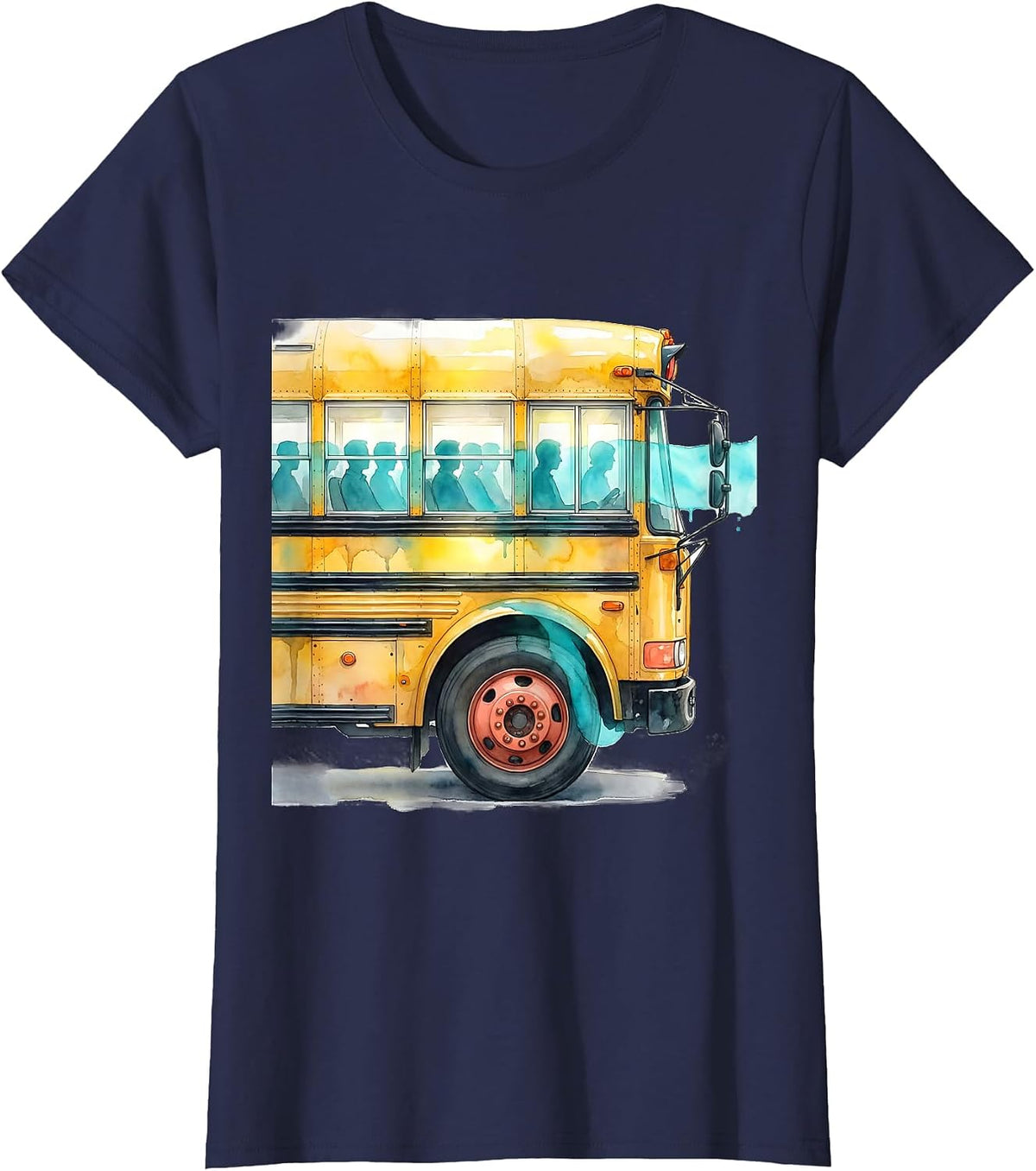 Women's School Bus Watercolor Field Trip Teacher Humor T-Shirt - Navy Blue