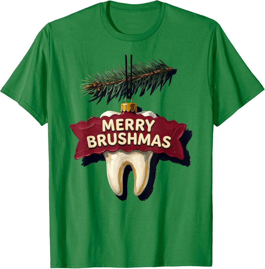Men's Merry Brushmas Funny Dental Christmas Dentist Hygienist Gift T-Shirt - Kelly Green