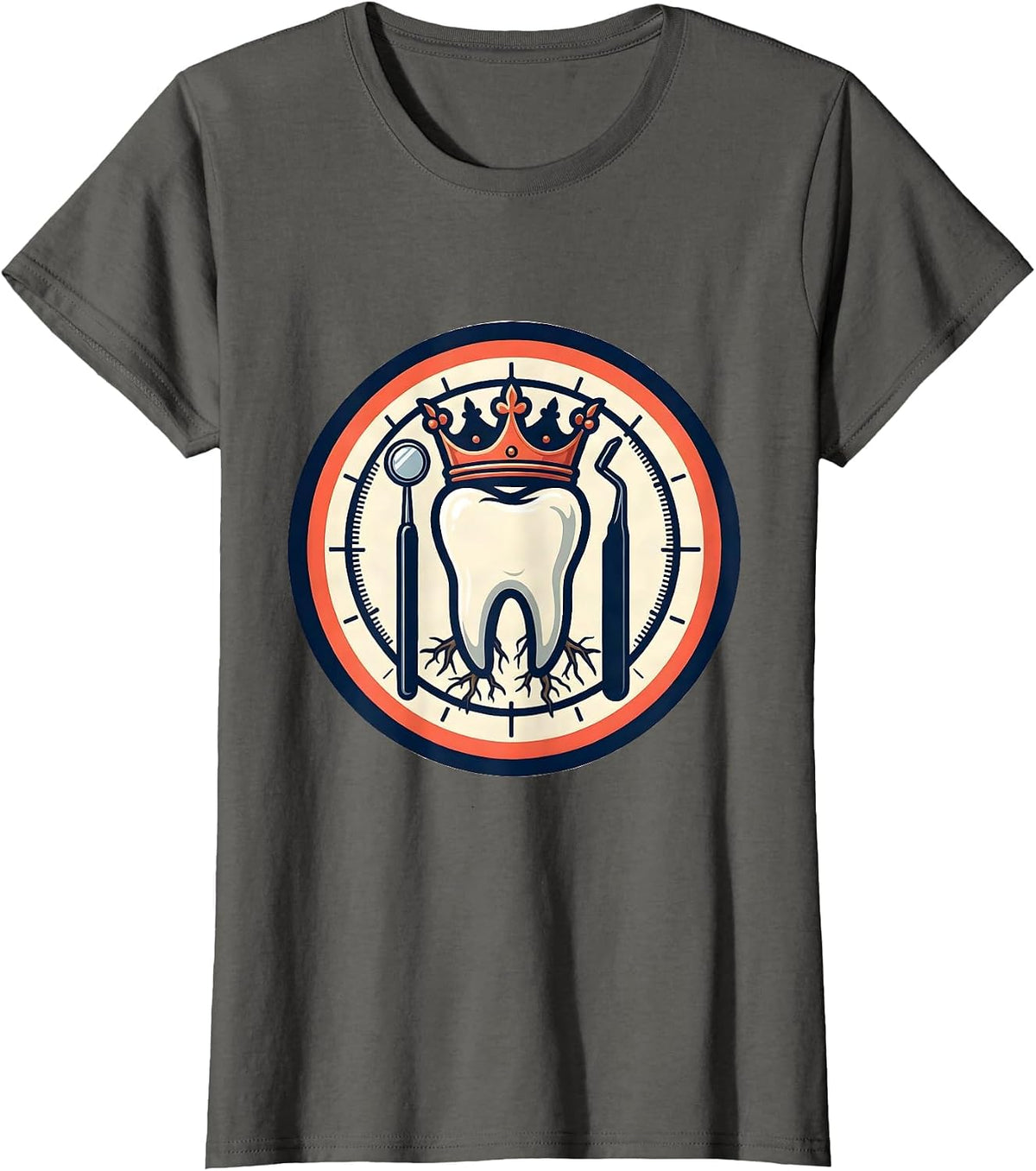 Women's Dental Squad Crowned Tooth Cartoon Dentist Humor T-Shirt - Asphalt Grey