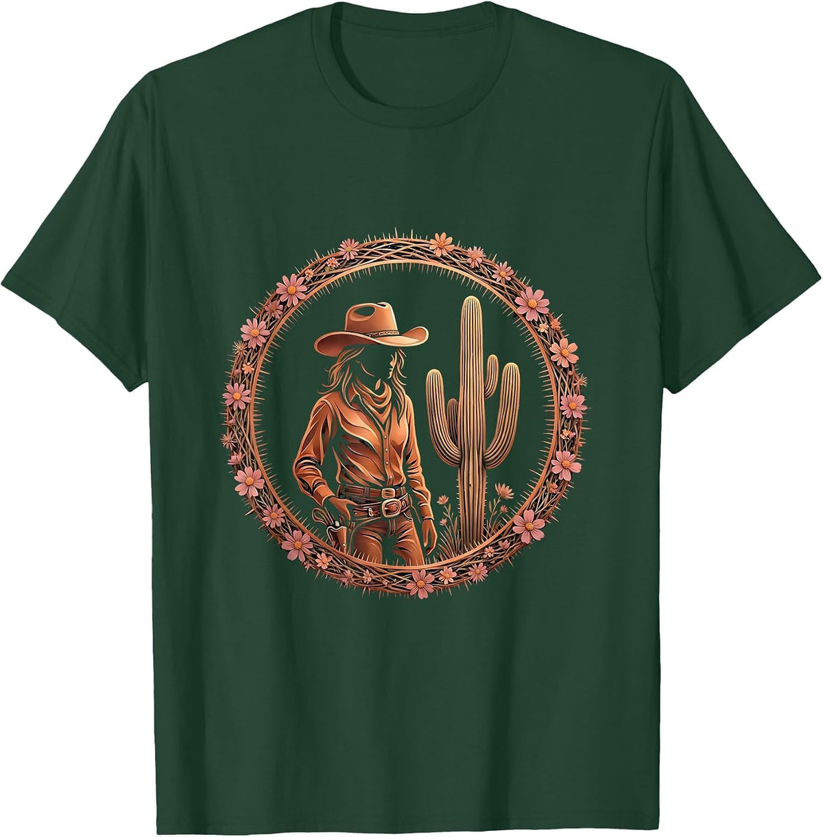 White Cowgirl Tipping Hat by Saguaro Cactus T-Shirt - Dark Green