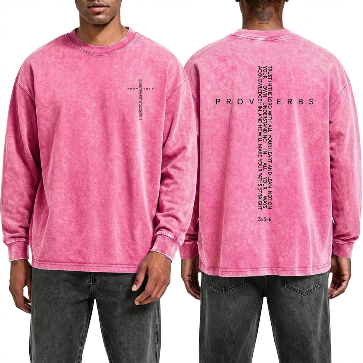 Christian Long Sleeve Shirts for Men Oversized Jesus Faith Shirt Bible Verse Cross Graphic T-Shirts Acid Wash Tshirt - Pink