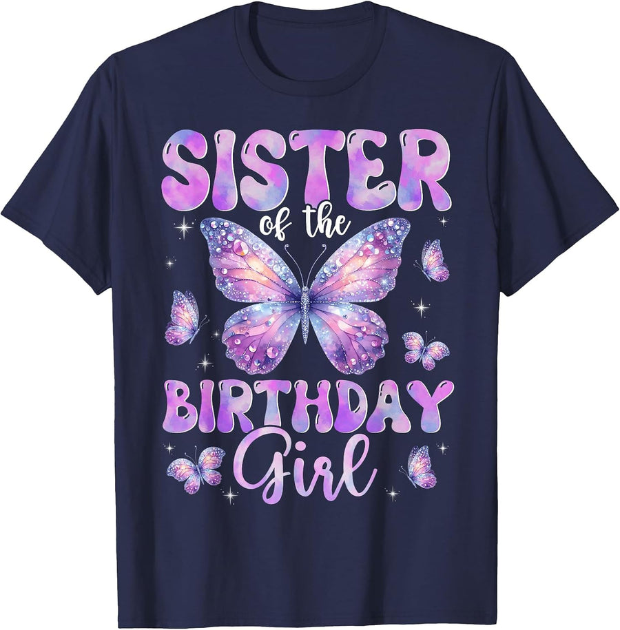 Sister of The Birthday Girl Butterfly Family Matching T-Shirt - Navy Blue