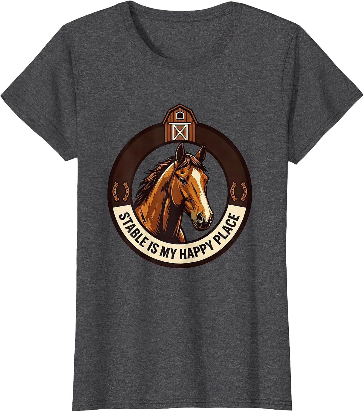 Women's Stable Is My Happy Place Horse Lover Design T-Shirt - Dark Heather Grey