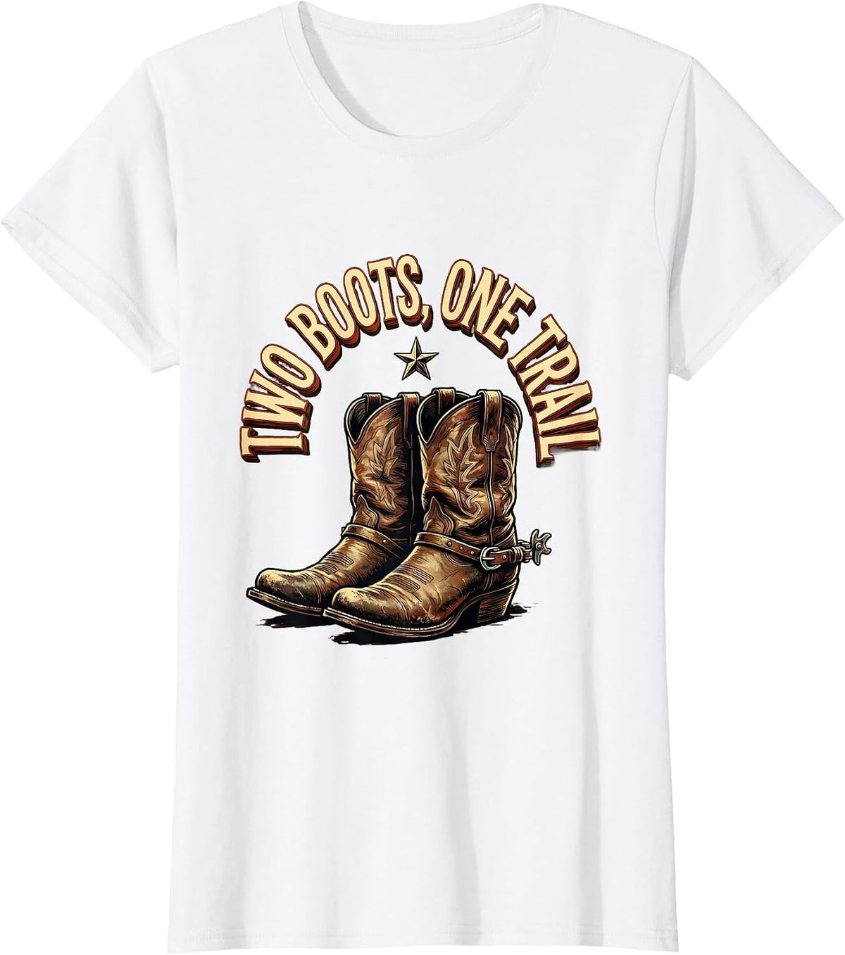 Women's Two Boots One Trail Cowboy Western Design T-Shirt - White
