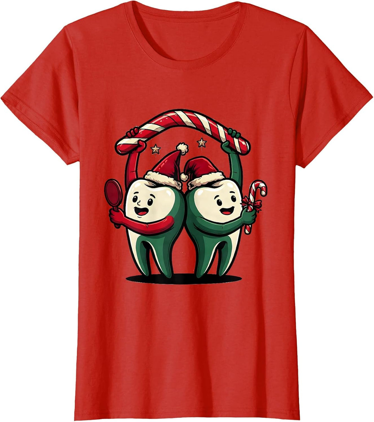 Rounded Teeth Candy-Cane Dental Humor Christmas Crew T-Shirt - Red