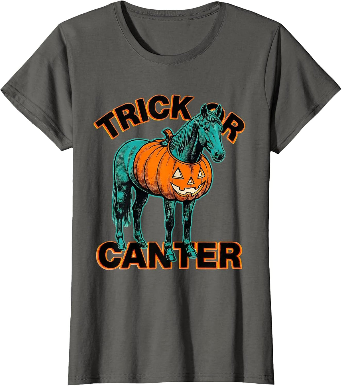 Women's Trick or Canter Risograph Halloween Horse Lover Equestrian T-Shirt - Asphalt Grey