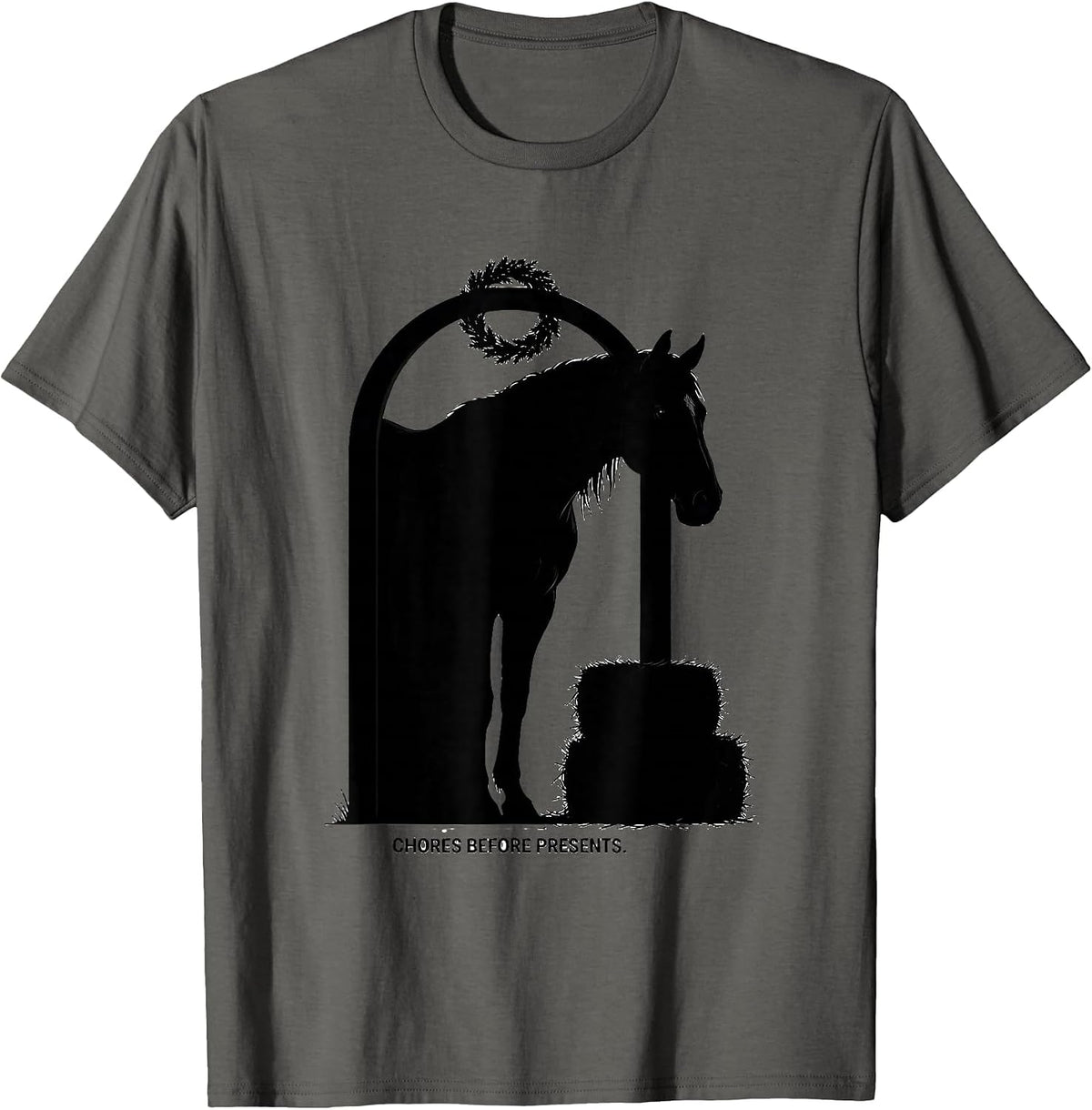 Chores Before Presents Funny Horse Lover Christmas Pajama T-Shirt - Asphalt Grey