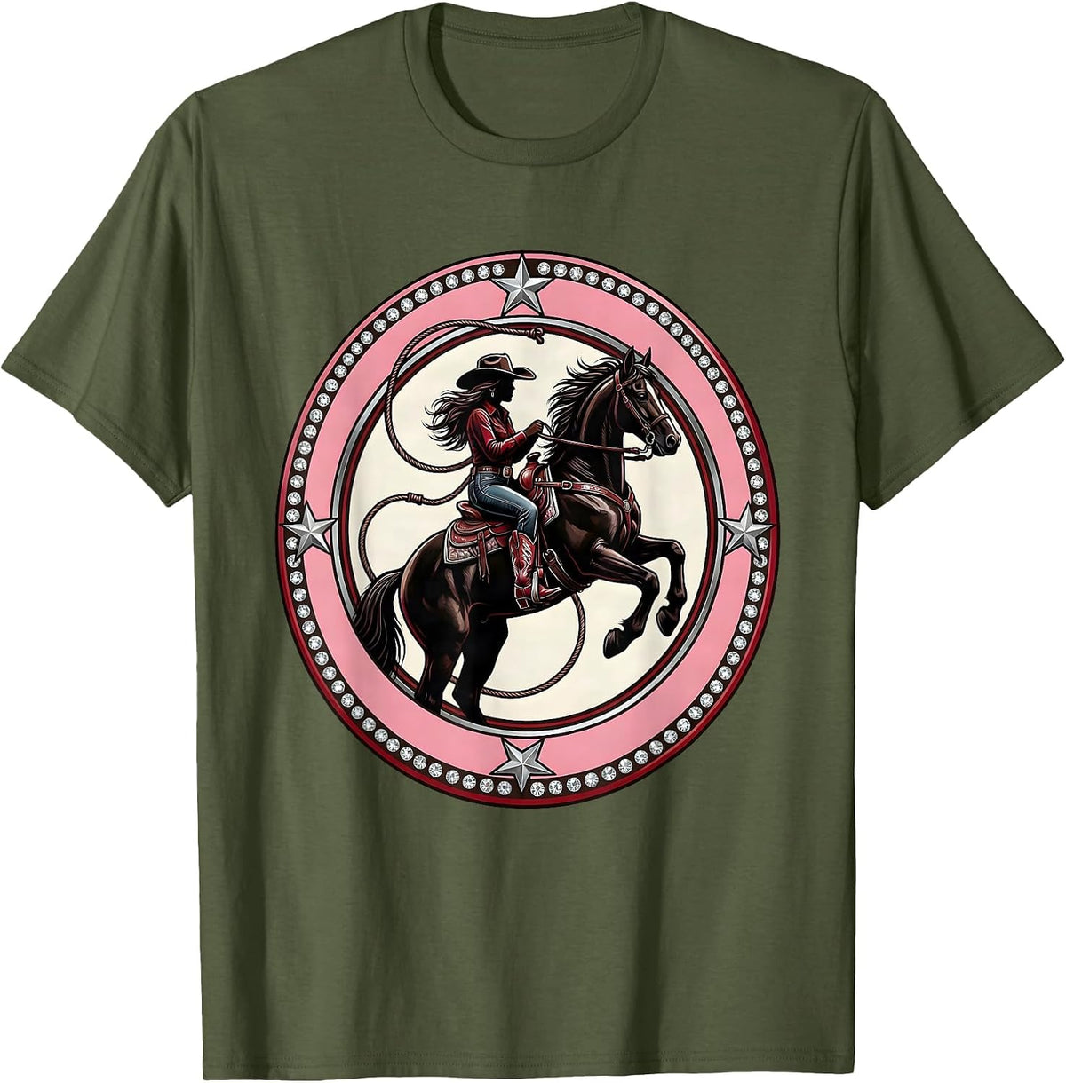 Men's Howdy Cowgirl Rearing Horse Western Riding Art T-Shirt - Olive Green